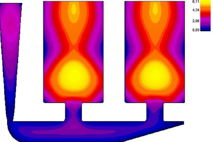 Figure 7. The view of casting porosity simulated according to the CFS 60 value, a) the equal (twin)  surface view in 99.8% density, b) the view of central cross section plane between 99.5%-100%