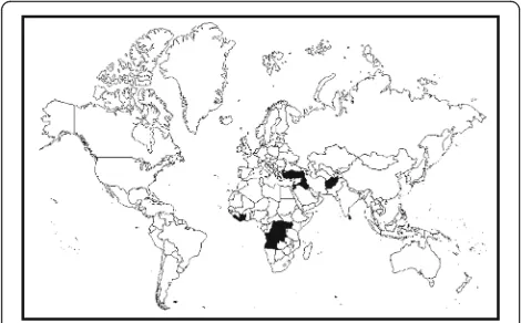 Fig. 2 Countries included in review evidence [18] Africa: Angola,Cote d’Ivoire, Democratic Republic of the Congo, Liberia, SierraLeone, Uganda, Middle East: Iraq, Jordan, Lebanon, Turkey, Asia:Afghanistan, Sri Lanka