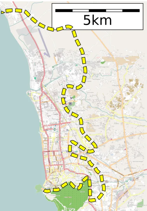 Figure 2.15: The coast-line part of Padang. The area to be evacuated is marked by the yellow dashed line