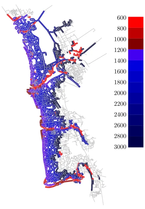 Figure 2.17: The Padang network with the arcs underlaid depending on when they become inaccessible