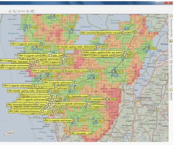 Figure 4.3. A screenshot of ResQMap showing active cases (by circles), vehicles (by squares) and  coverage level (by color codes) of 4x4km zones in Västra Götaland County 