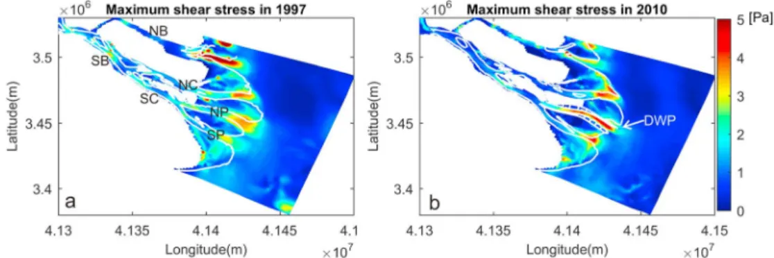 Figure 9. Maximum bed shear stress during a spring tide cycle in 1997 (a) and 2010 (b)