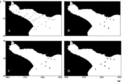 Figure 3. Sites where samples were suspended particulate matter were  gathered during the FREPLATA-FFEM Experiment (upper panel) and  during the BS cruises (lower panel) (A)