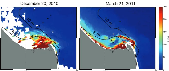 Figure 4: Turbidity maps from MODIS Rayleigh-corrected band-difference reflectance at 858 and  1240 nm on December 20, 2010 at 17:50 UTC (left) and on March 21, 2011 at 17:35 UTC (right)  over Samborombón Bay