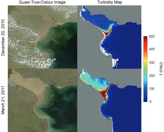Figure 7: MODIS-Aqua Quasi-True-Colour image (left column) and Turbidity map (right column) for  La Plata River Estuary on December 20, 2010 (upper panels) and March 21, 2011 (lower panels)