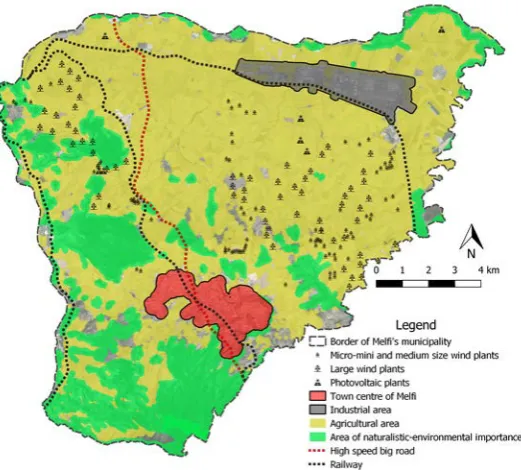 Fig. 1 Geographical overview of the study area, major land use classes, wind-power plants and main mobility infrastructures 