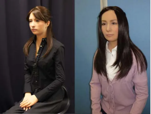 Fig.  1.  The very life-like android robot Geminoid-F. The female version of this robot is so close to a real human that, on a picture, it is very difficult to distinguish it from a real human