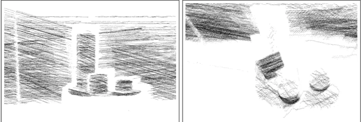 Figure 8 Point cloud from two different perspectives (left: front view, right: top view) of the test scene in Figure 7 scanned with a red laser line.