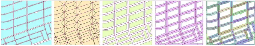 Fig. 2 UTAs construction: from roads and blocks to Voronoi polygons, resulting in one polygon per track 