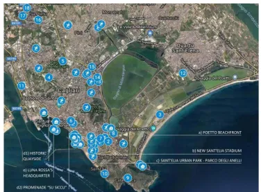Fig. 1 Cagliari street sport: land and water. The system of sports facilities in Cagliari and the main strategic projects - completed, under construction or planned -