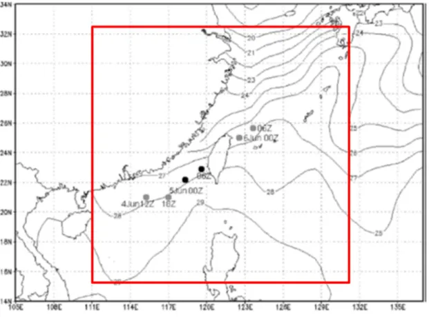 FIG. 2.2 Weekly averaged sea surface temperature during 2-8 June 2008 and MCV  track. Gray dots and black dots are tracked by IR satellite images and radar radial  velocity,  respectively