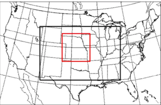 FIG. 3.2 Computational domains used for the experimental EnKF ensemble  in 2013 Spring Experiment (600 × 400 grids with 4-km spacing denoted by  black rectangle) and our study (803 × 803 grids with 1-km spacing denoted  by red square)