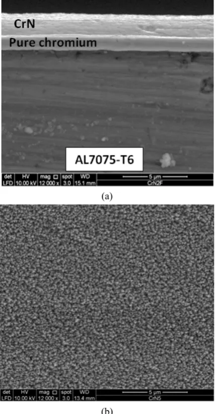 Fig. 2 Typical (a) cross-sectional and (b) surface views of SEM micrograph of Cr-CrN coating on AL7075-T6