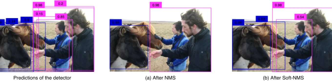 Figure 10: An illustration of the inference stage. In this example, bounding boxes around horses (blue) and persons (pink) are obtained from the detector (along with the confidence scores mentioned on top of each box)
