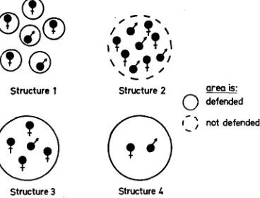 Fig. 6: Variation in social structure between different species. In Structures 1, 2 and 3, group size can vary according to environmental limits