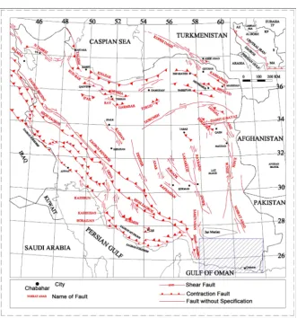 Figure 1. Plan of Iran major faults [5]. The blue hatched box is showing the studied area