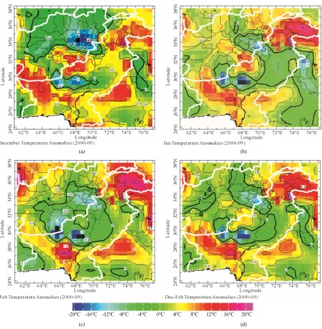 Figure 7. Monthly and seasonal air temperature anomalies for the period (2000-2009) after climate change scenario, (a) For De- cember; (b) For January; (c) For February and (d) December-February along with anomalies legend