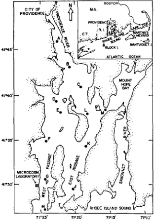 Fig. 1 : Location of the microcosm laboratory on the lower West Passage of Narragansett Bay, Rhode Island (USA)