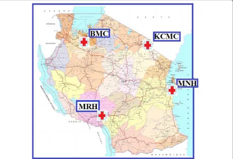 Figure 1 Map of Tanzania showing location of the four referral hospitals. Source: http://www.tanzania.go.tz; Accessed 26.06.2014.