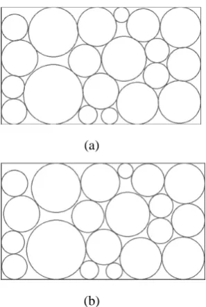 Fig. 7.Circle packing in a rectangle by approximation 1 and nonlinearoptimization（(a) packing density 77.91%, (b) packing density 79.81%）