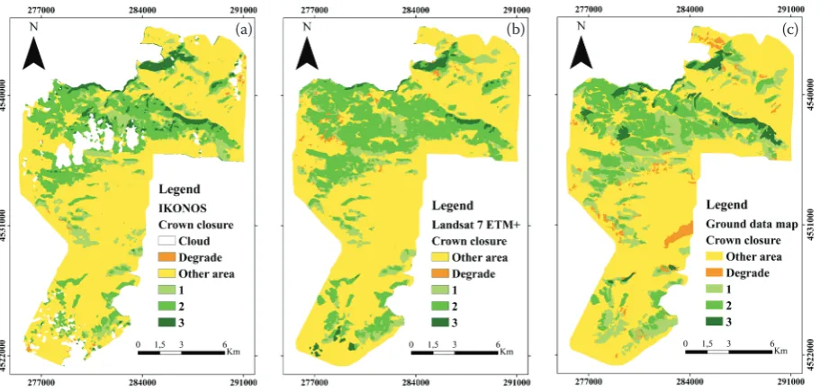 Fig. 3. Visual comparison of resulting maps for stand development stages by the most accurate methods: support vector machine polynomial for IKONOS (kappa = 0.94) (a), artificial neural network for Landsat 7 ETM+ (kappa = 0.83) (b), ground data maps (c)