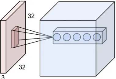 Figure 2.12: Example of connections in a convolutional layer with 5 filters showing the volume each filter "sees" in the input image, which is a 32 × 32 × 3 volume [108].
