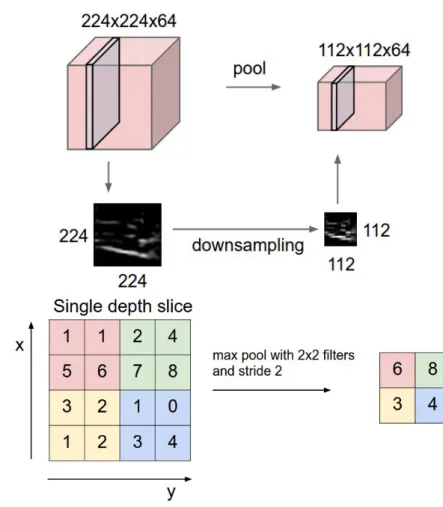 Figure 2.14: Illustration of the spatial reduction caused by the pooling layer and its effect on an image (top)