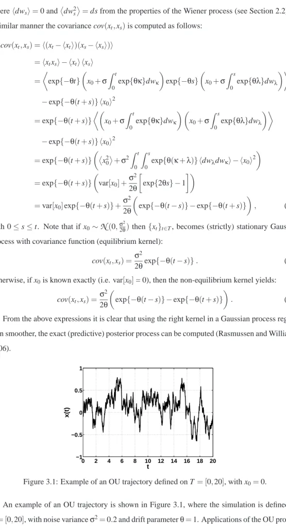 Figure 3.1: Example of an OU trajectory defined on T = [0, 20], with x 0 = 0.