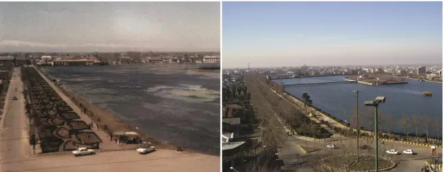 Fig. 3 The natural pond in 1970s (left) and its transition to an artificial lake in 2000s (right) 
