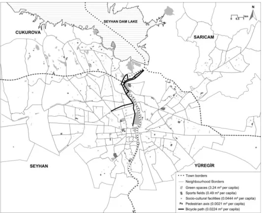 Fig. 2 The spatial distribution of green spaces and socio-cultural facilities. 