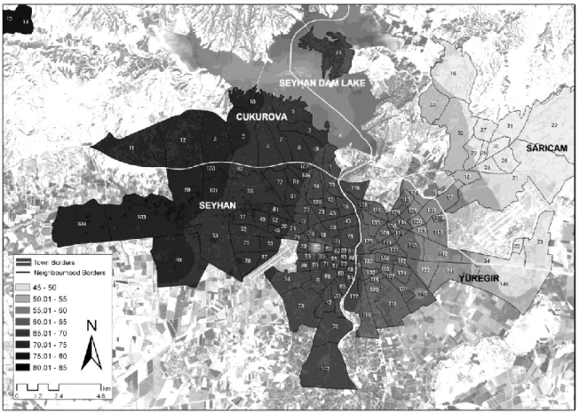 Fig. 3 Effective green spaces and socio-cultural facilities Index (EGSSFI) map.  The interpretation of Tables 1 and 2 and Figures 2 and 3 can be summarised as follows:  