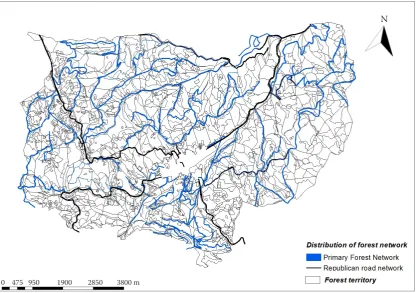 Fig. 1. Distribution of the forest-road network at the territory of “Avramov” State Enterprise, village of Yundola