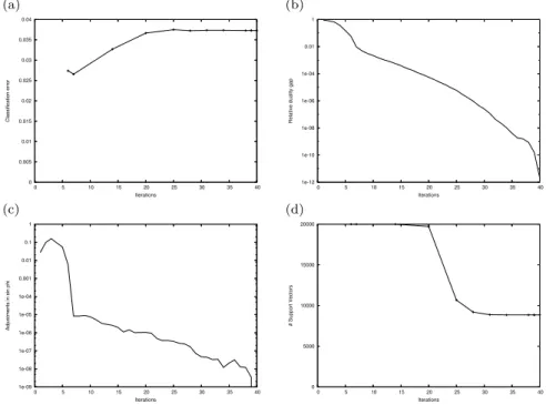 Fig. 2 Performance of the algorithm relative to the number of IPM iterations, using a training data set with 5% of points mis-classified, 20,000 samples and 255 attributes