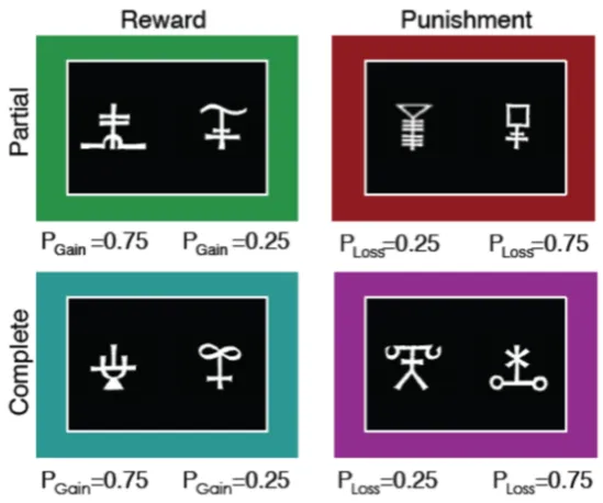 Fig. 2-2 Symbolic learning task Contingencies of the task show probabilities of winning 50 cents in the reward context (left squares) or losing 50 cents in the punishment context (right squares)