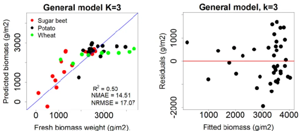 Figure 7. Scatter plot showing the relation between measured biomass and fitted biomass, for k = 3