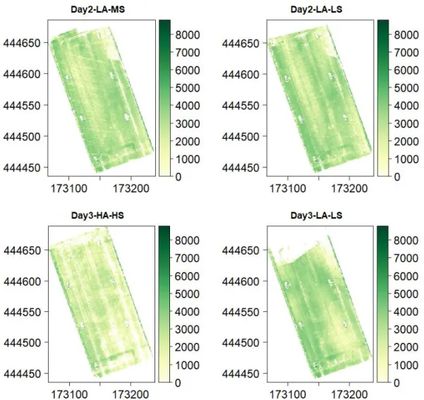 Figure 10. Maps indicating for flight DAY2-LA-MS, DAY2-LA-LS, DAY3-HA-HS, and DAY3-LA-LS  the estimated biomass in grams for winter wheat