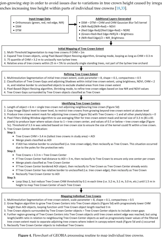 Figure 4. Flowchart of GEOBIA processing routine to map individual tree crowns. 