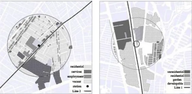 Fig. 11 Javanmard-e-Ghasab as a station with development constraints (on the left) and  Shahid Madani station area as a services center (on the right) 