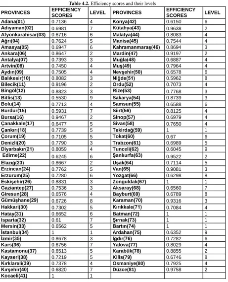 Table 4.2.  Efficiency scores and their levels EFFICIENCY   