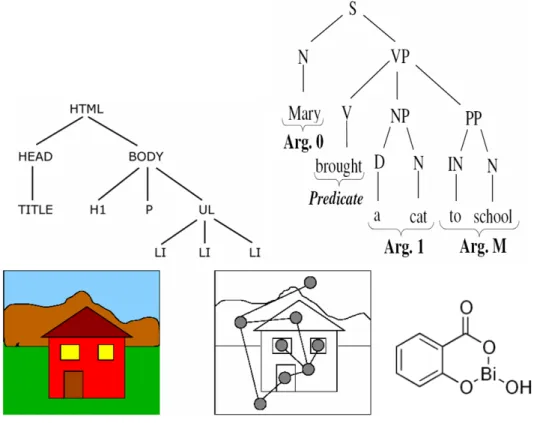 Figure 1.1: Examples of data that can be naturally represented in structured form. From left to right, top to bottom: an XML document, a parse tree from NLP, an image and the corresponding segmentation graph and a chemical compound.