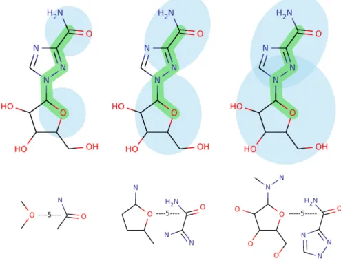 Figure 3.1: Example of some features generated from the application of the NSPDK kernel on an example graph representing a chemical compound.