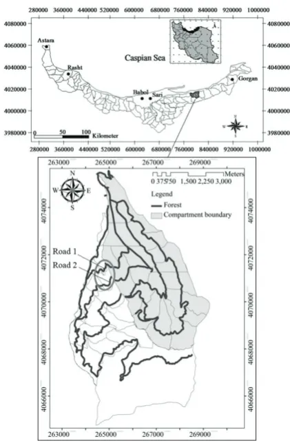 Fig. 1. The geographical position of the studied forest roads under the coverage of LiDAR