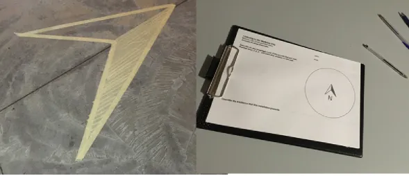 Figure 6.6a, b: Probe clipboard and North marker on floor