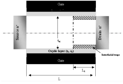 Fig. 2.  Schematic view of the symmetrical DG MOSGET including interface 