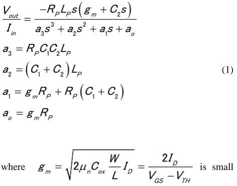 Fig.    1  (a)  Single ended Colpitts based CMOS oscillator                       (b)   Small signal equivalent circuit of (a) 