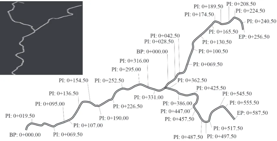 Fig. 1. Horizontal alignment of the studied downward skid trail, numbers show the distances or partial length (PL) from base point (BP) to end point (EP) of skidding