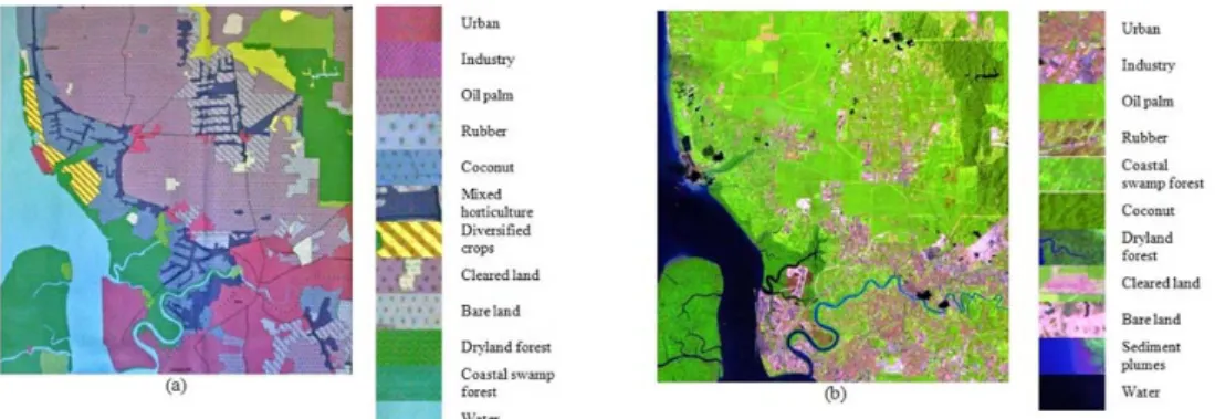 Fig. 1. The study area from (a) the land cover map and (b) the Landsat-5 TM  with bands 5 4 and 3 assigned to the red, green and blue channels