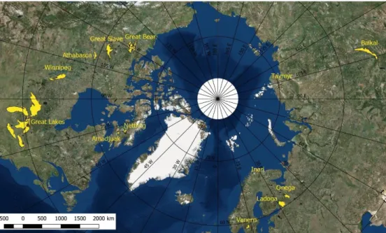 Figure 3-1 Lakes in the study shown in WGS 84/Arctic Polar Stereographic projection 
