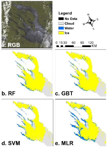 Figure 3-6 Ice maps of Lake Onega (Russia) during break-up (11 May 2003, UTC 09:25)  produced by the four classifiers
