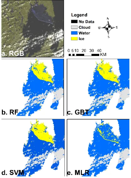 Figure 3-7 Ice maps of Lake Vänern (Sweden) during break-up (30 March 2003, UTC  10:30) produced by the four classifiers